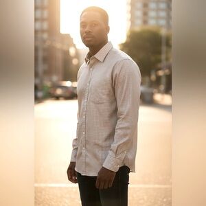 Paul Fredrick Beige Blue Highlights Casual Button Down Shirt 18 1/2 French cuffs